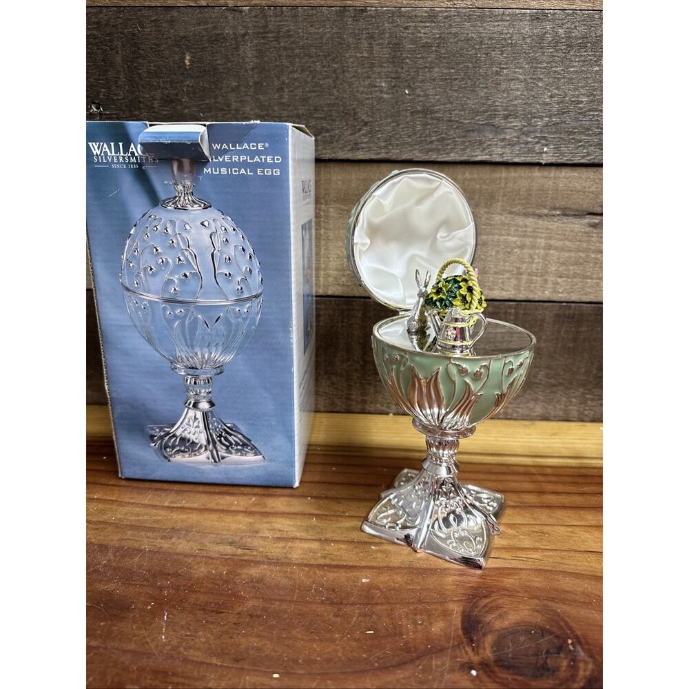 Wallace Silversmiths Musical Egg Easter Rabbit Green Enamel Vintage In Box